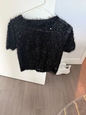 Black Sequin & Eyelash Knit Cropped Top